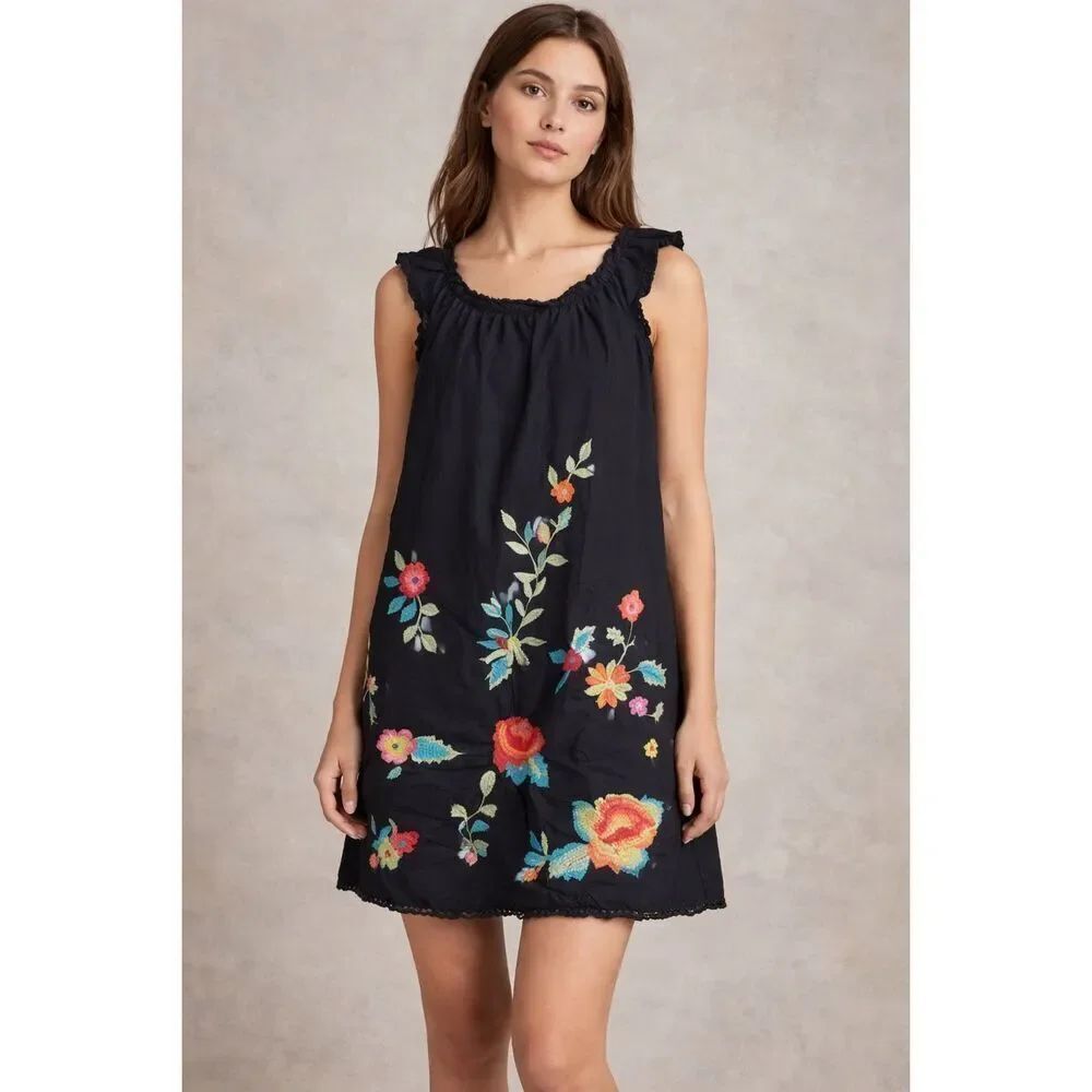 Royalty S Black Floral Embroidered Dress Sleeveless Size Small Boho